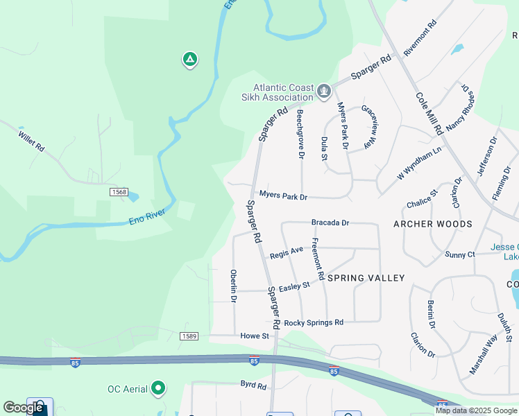 map of restaurants, bars, coffee shops, grocery stores, and more near 2808 Sparger Road in Durham
