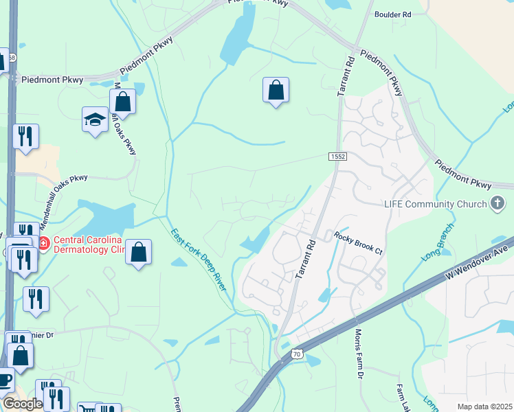 map of restaurants, bars, coffee shops, grocery stores, and more near 4264 Plantation Ridge Lane in Greensboro