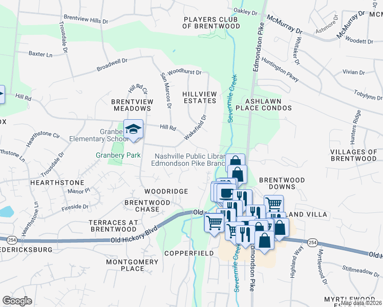 map of restaurants, bars, coffee shops, grocery stores, and more near 5516 Hill Court in Nashville