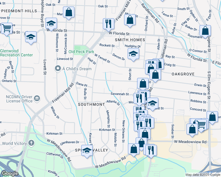 map of restaurants, bars, coffee shops, grocery stores, and more near 705 Savannah Street in Greensboro