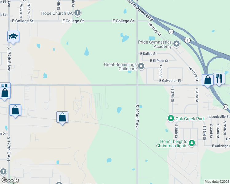 map of restaurants, bars, coffee shops, grocery stores, and more near 1601 East Houston Street in Broken Arrow