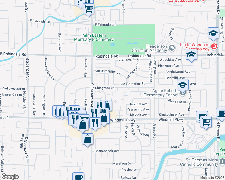 map of restaurants, bars, coffee shops, grocery stores, and more near 2899 Blue Bonnet Drive in Henderson