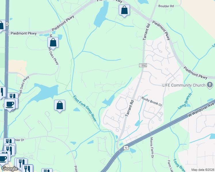 map of restaurants, bars, coffee shops, grocery stores, and more near 4316 Mossy Wood Circle in Greensboro