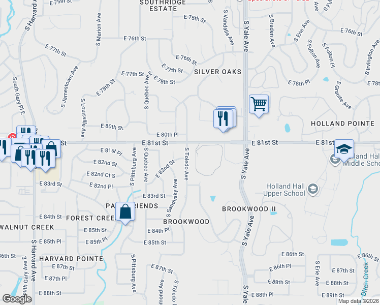 map of restaurants, bars, coffee shops, grocery stores, and more near 8209 South Toledo Avenue in Tulsa
