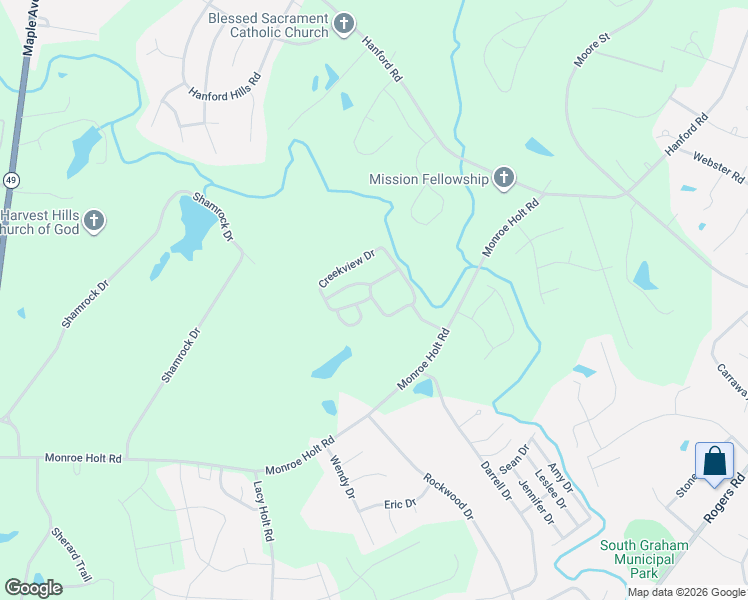 map of restaurants, bars, coffee shops, grocery stores, and more near Ridge Road in Graham
