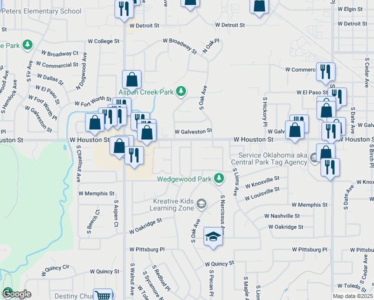 map of restaurants, bars, coffee shops, grocery stores, and more near 901 South Poplar Avenue in Broken Arrow