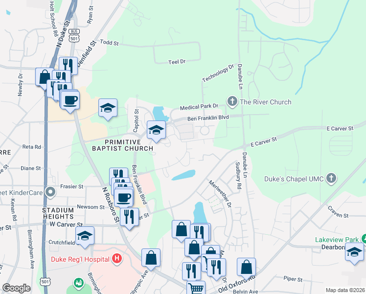 map of restaurants, bars, coffee shops, grocery stores, and more near 215 William Penn Plaza in Durham