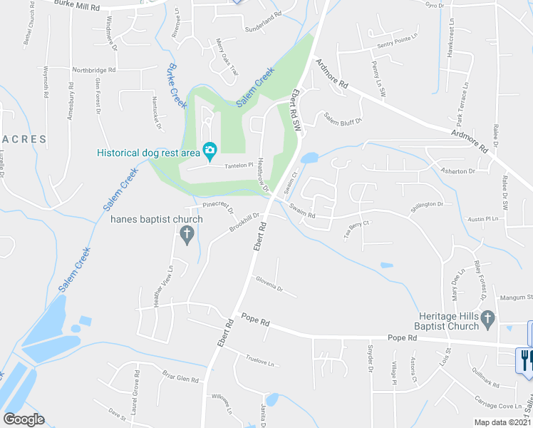 map of restaurants, bars, coffee shops, grocery stores, and more near 3601 Ebert Court in Winston-Salem