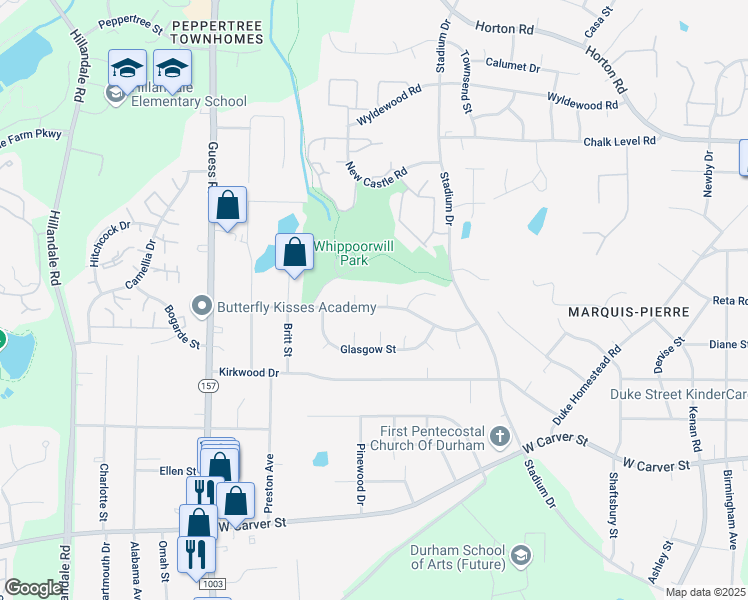 map of restaurants, bars, coffee shops, grocery stores, and more near 1606 Rowemont Drive in Durham