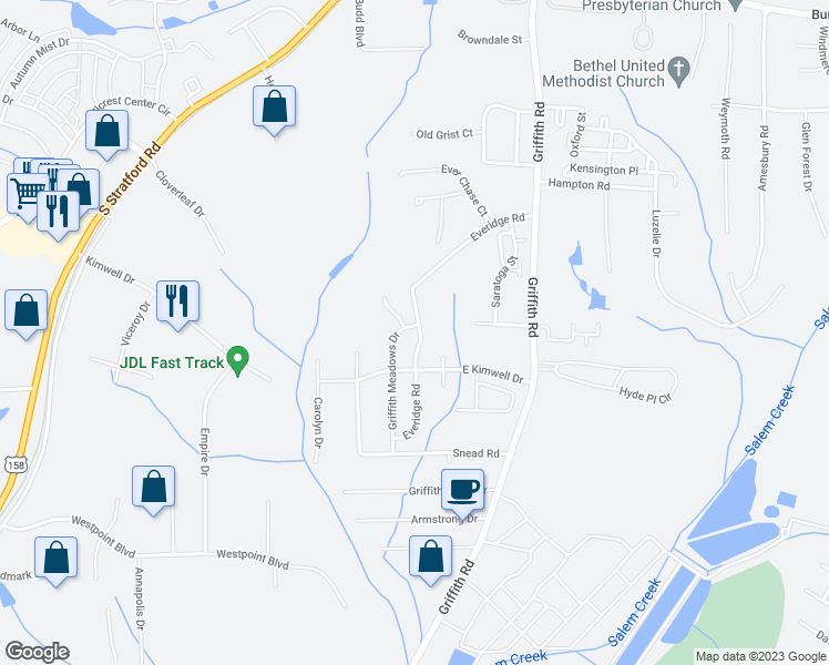 map of restaurants, bars, coffee shops, grocery stores, and more near 2407 Griffith Meadows Drive in Winston-Salem