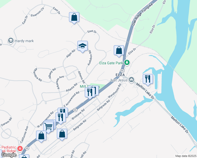 map of restaurants, bars, coffee shops, grocery stores, and more near 120 Arcadia Lane in Oak Ridge