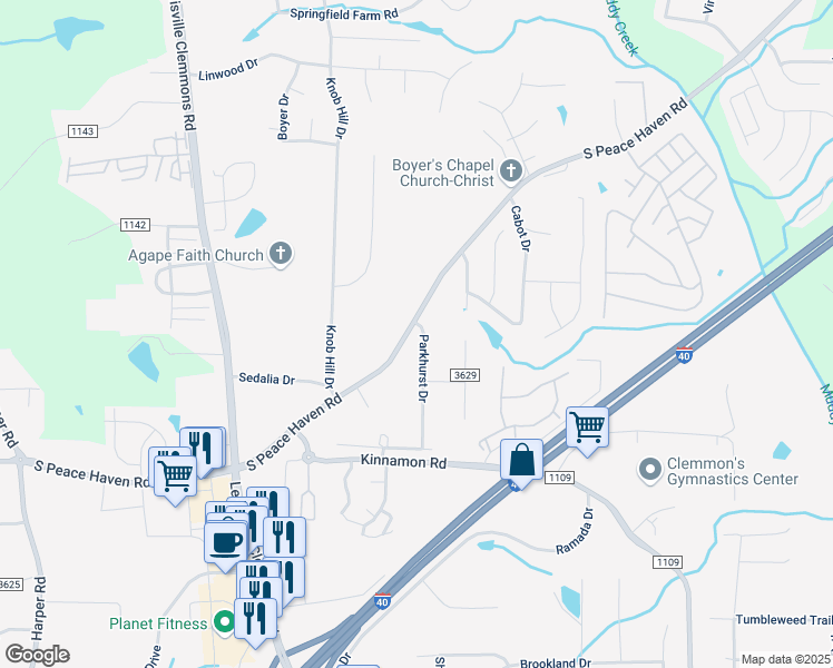 map of restaurants, bars, coffee shops, grocery stores, and more near 905 South Peace Haven Road in Winston-Salem