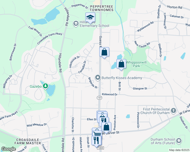 map of restaurants, bars, coffee shops, grocery stores, and more near 3627 Guess Road in Durham