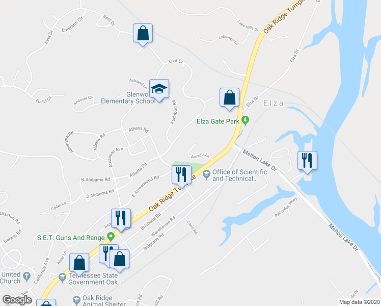map of restaurants, bars, coffee shops, grocery stores, and more near 107 Arcadia Lane in Oak Ridge