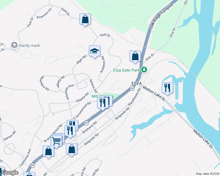map of restaurants, bars, coffee shops, grocery stores, and more near 107 Arcadia Lane in Oak Ridge