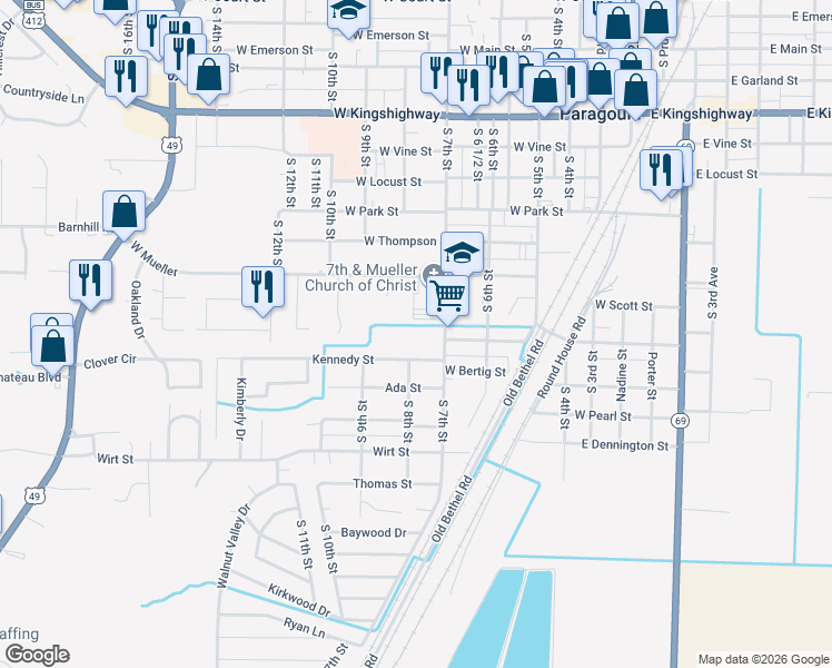 map of restaurants, bars, coffee shops, grocery stores, and more near 805 Kennedy Street in Paragould