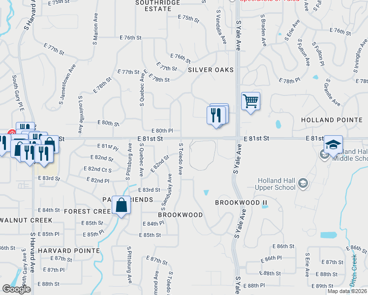 map of restaurants, bars, coffee shops, grocery stores, and more near 8209 South Toledo Avenue in Tulsa