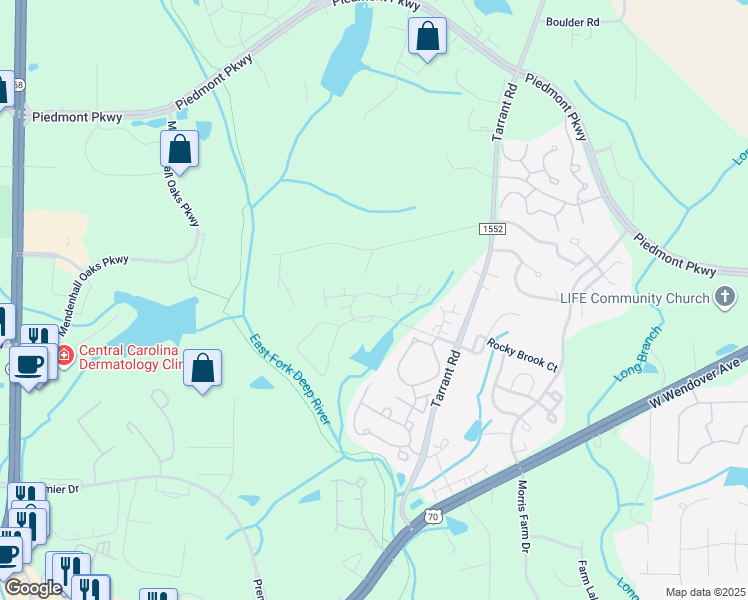 map of restaurants, bars, coffee shops, grocery stores, and more near 4264 Plantation Ridge Lane in Greensboro
