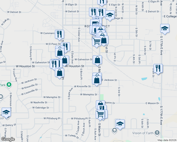 map of restaurants, bars, coffee shops, grocery stores, and more near 217 West Indianola Street in Broken Arrow