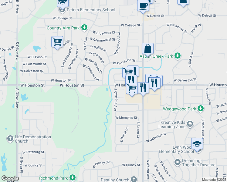 map of restaurants, bars, coffee shops, grocery stores, and more near 808 South Chestnut Avenue in Broken Arrow