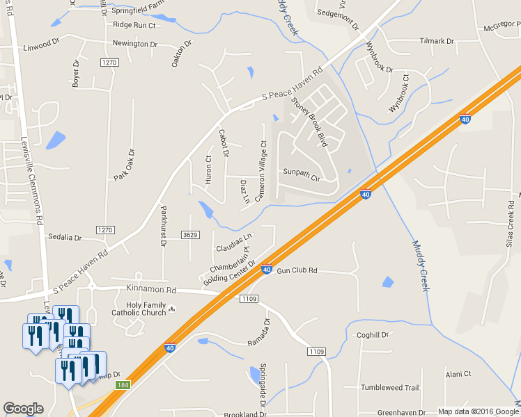 map of restaurants, bars, coffee shops, grocery stores, and more near 3052 Cameron Village Court in Winston-Salem