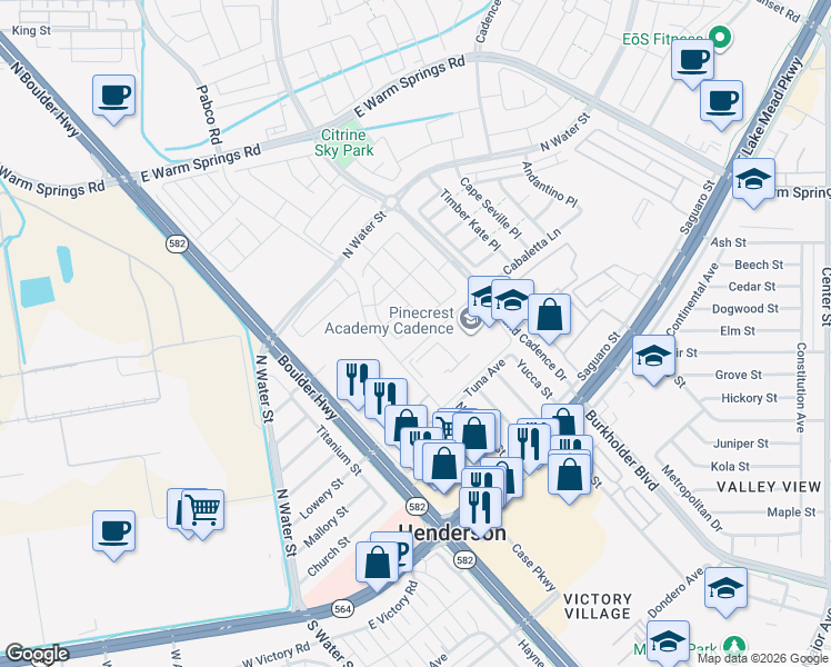 map of restaurants, bars, coffee shops, grocery stores, and more near 123 Nico Azalea Lane in Henderson