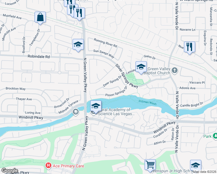 map of restaurants, bars, coffee shops, grocery stores, and more near 2036 Shadow Brook Way in Henderson