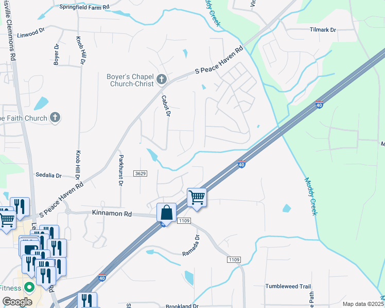 map of restaurants, bars, coffee shops, grocery stores, and more near 3052 Cameron Village Court in Winston-Salem