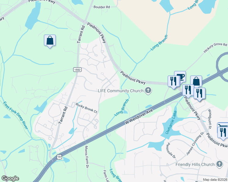 map of restaurants, bars, coffee shops, grocery stores, and more near 4630 Village Square Court in Greensboro