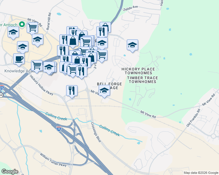 map of restaurants, bars, coffee shops, grocery stores, and more near 402 Oak Forge Drive in Nashville