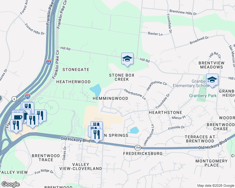 map of restaurants, bars, coffee shops, grocery stores, and more near 5564 Hearthstone Lane in Brentwood