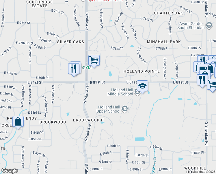 map of restaurants, bars, coffee shops, grocery stores, and more near 5113 East 81st Street in Tulsa