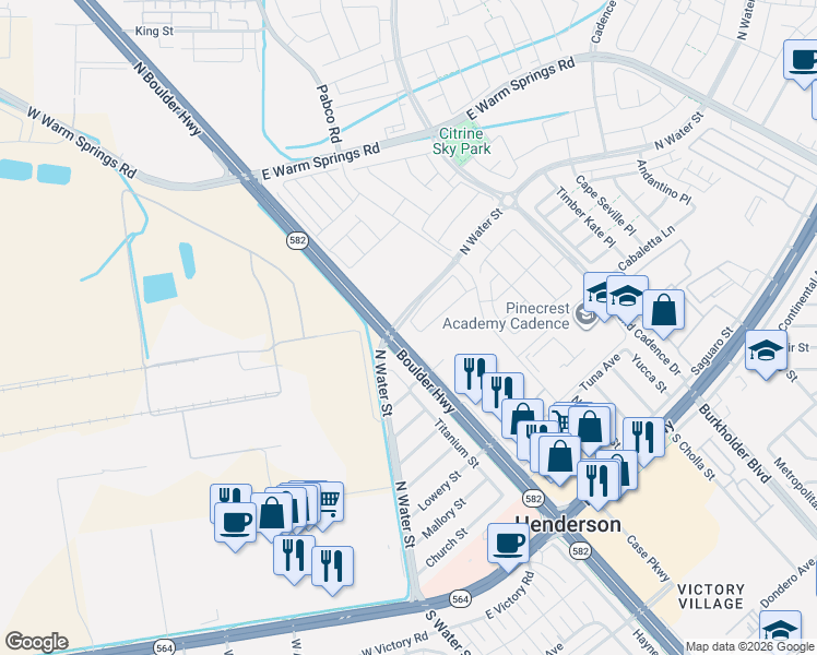map of restaurants, bars, coffee shops, grocery stores, and more near 129 Cactus Climb Place in Henderson