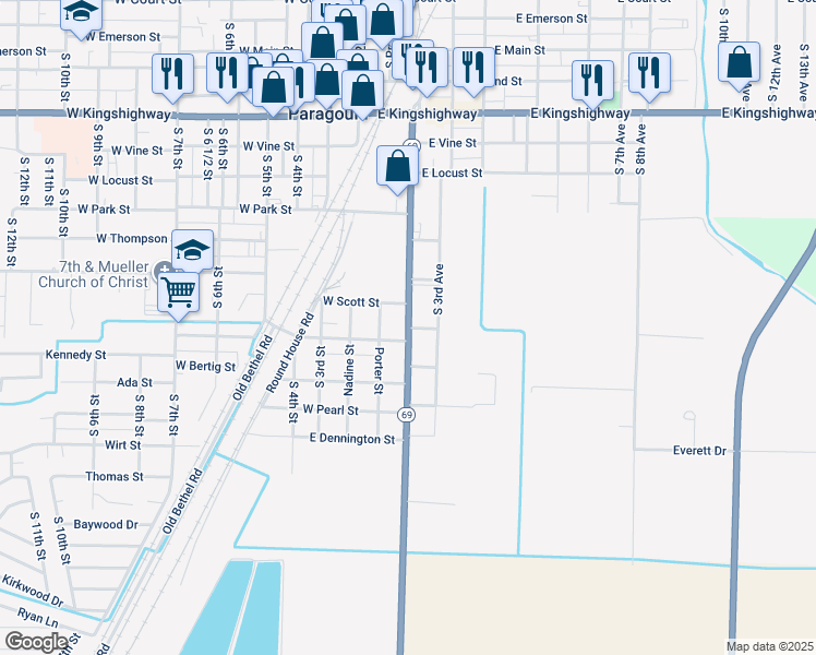 map of restaurants, bars, coffee shops, grocery stores, and more near East Baldwin Street in Paragould