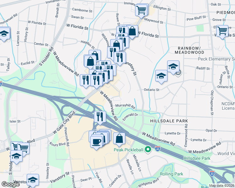 map of restaurants, bars, coffee shops, grocery stores, and more near 1 Seasons Way in Greensboro