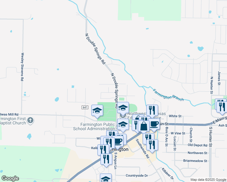 map of restaurants, bars, coffee shops, grocery stores, and more near 97 North Double Springs Road in Farmington