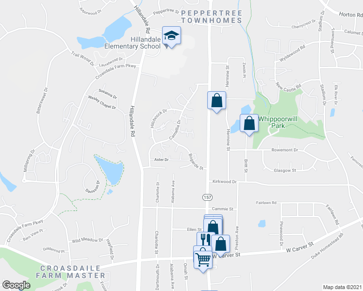 map of restaurants, bars, coffee shops, grocery stores, and more near 2135 Bogarde Street in Durham