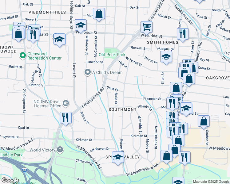 map of restaurants, bars, coffee shops, grocery stores, and more near 811 Dana Place in Greensboro