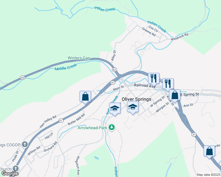 map of restaurants, bars, coffee shops, grocery stores, and more near 820 Main Street in Oliver Springs