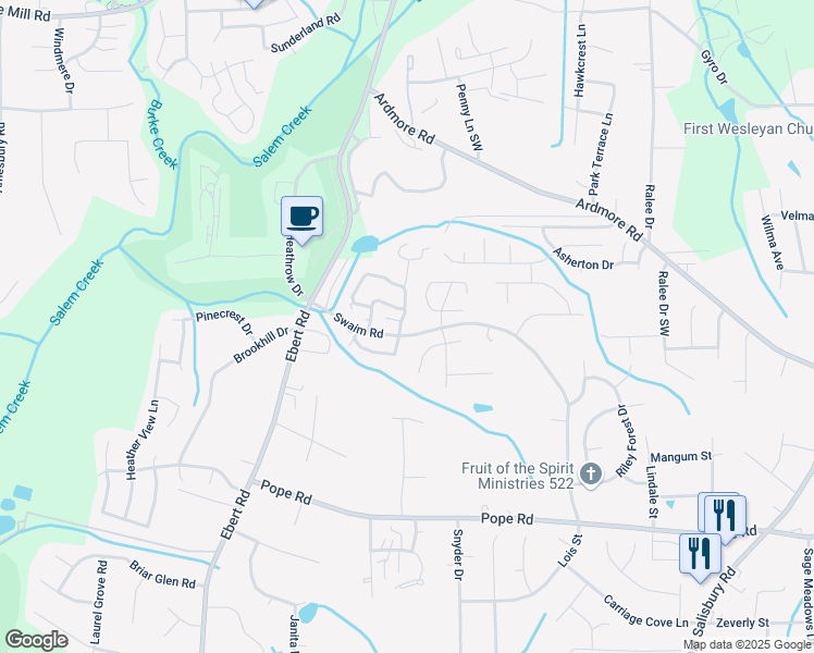 map of restaurants, bars, coffee shops, grocery stores, and more near 2800 Windy Crossing in Winston-Salem