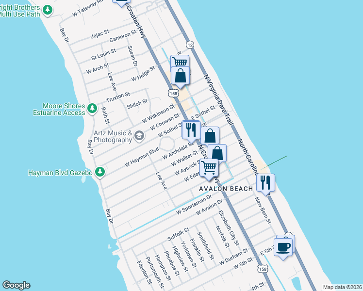 map of restaurants, bars, coffee shops, grocery stores, and more near 218 Hayman Boulevard in Kill Devil Hills