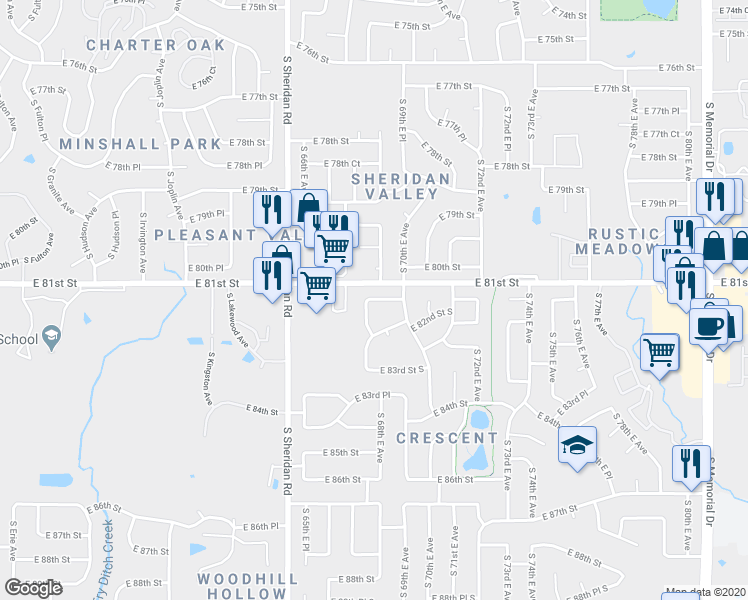 map of restaurants, bars, coffee shops, grocery stores, and more near 6830 East 81st Place South in Tulsa