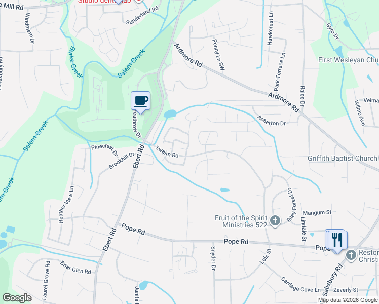 map of restaurants, bars, coffee shops, grocery stores, and more near 2820 Windy Crossing in Winston-Salem