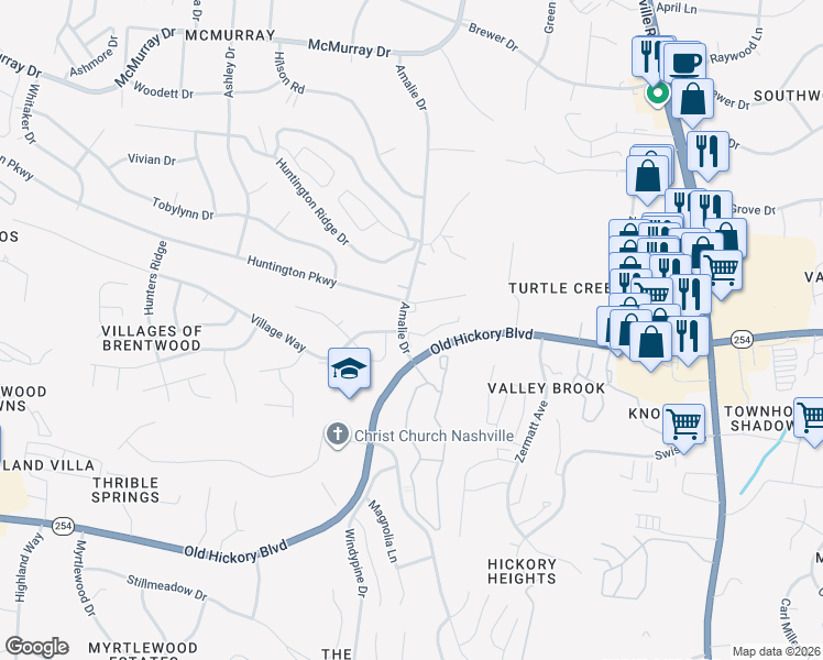 map of restaurants, bars, coffee shops, grocery stores, and more near 549 Huntington Parkway in Nashville