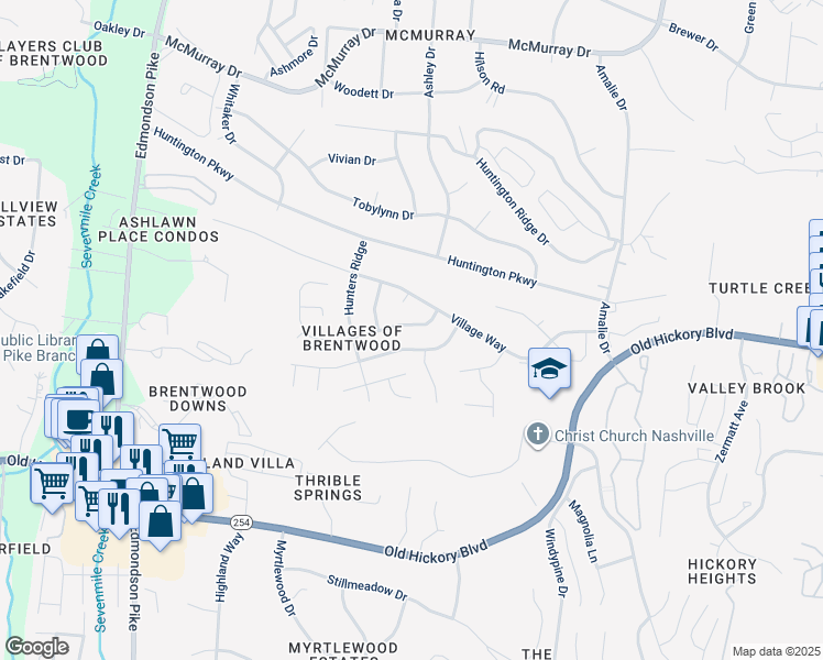 map of restaurants, bars, coffee shops, grocery stores, and more near 209 Village Place in Nashville