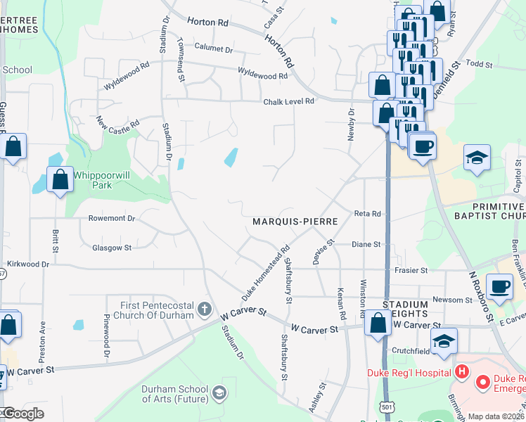 map of restaurants, bars, coffee shops, grocery stores, and more near 3508 Marquis Drive in Durham