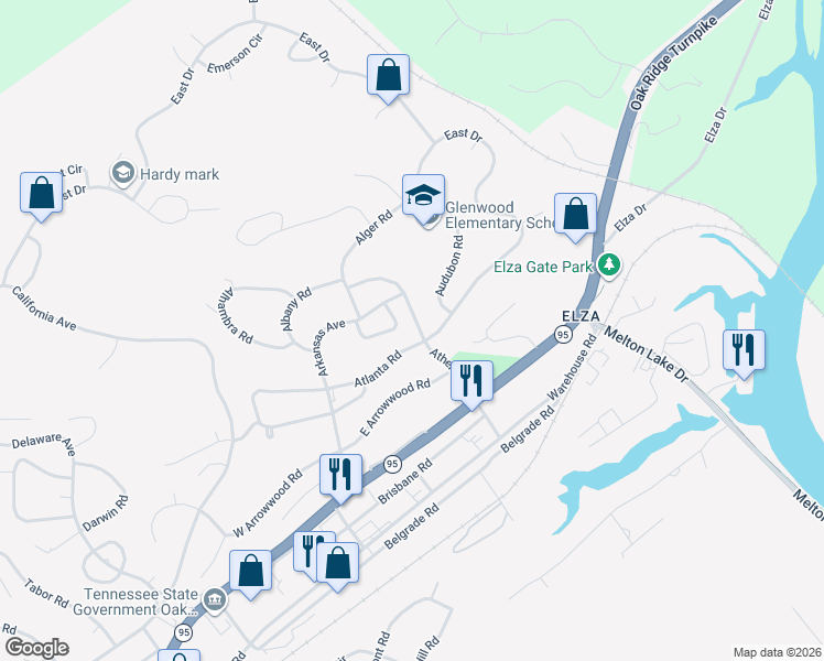 map of restaurants, bars, coffee shops, grocery stores, and more near 134 Athens Road in Oak Ridge