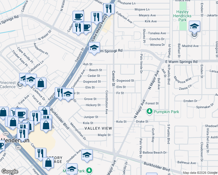 map of restaurants, bars, coffee shops, grocery stores, and more near 915 Center Street in Henderson