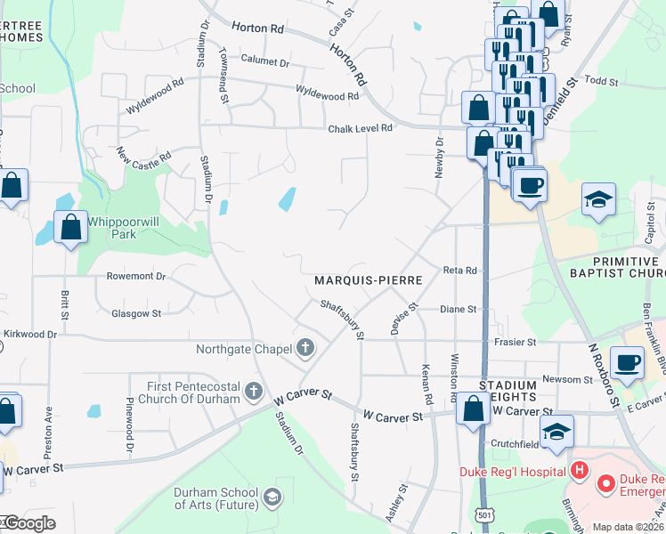 map of restaurants, bars, coffee shops, grocery stores, and more near 3508 Marquis Drive in Durham