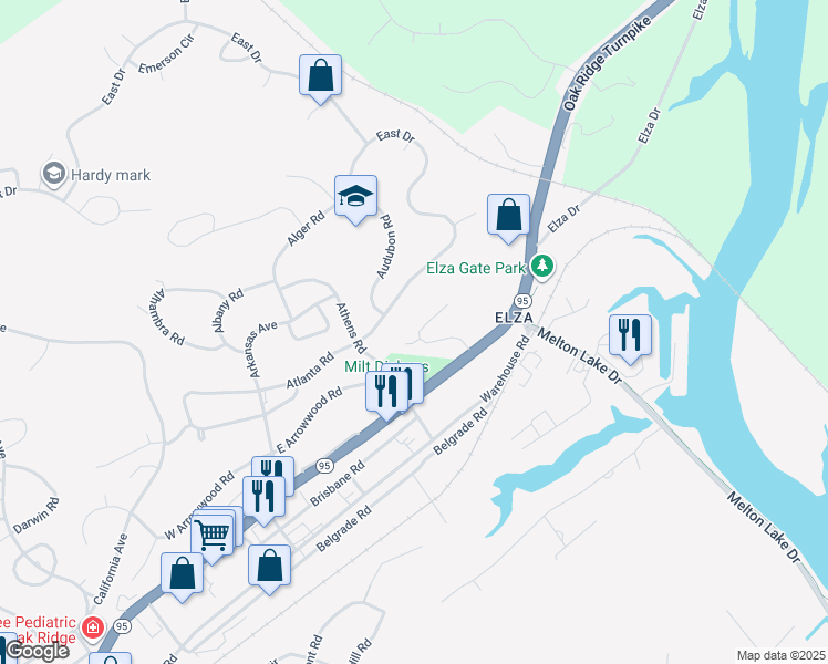 map of restaurants, bars, coffee shops, grocery stores, and more near 119-A Arcadia Lane in Oak Ridge